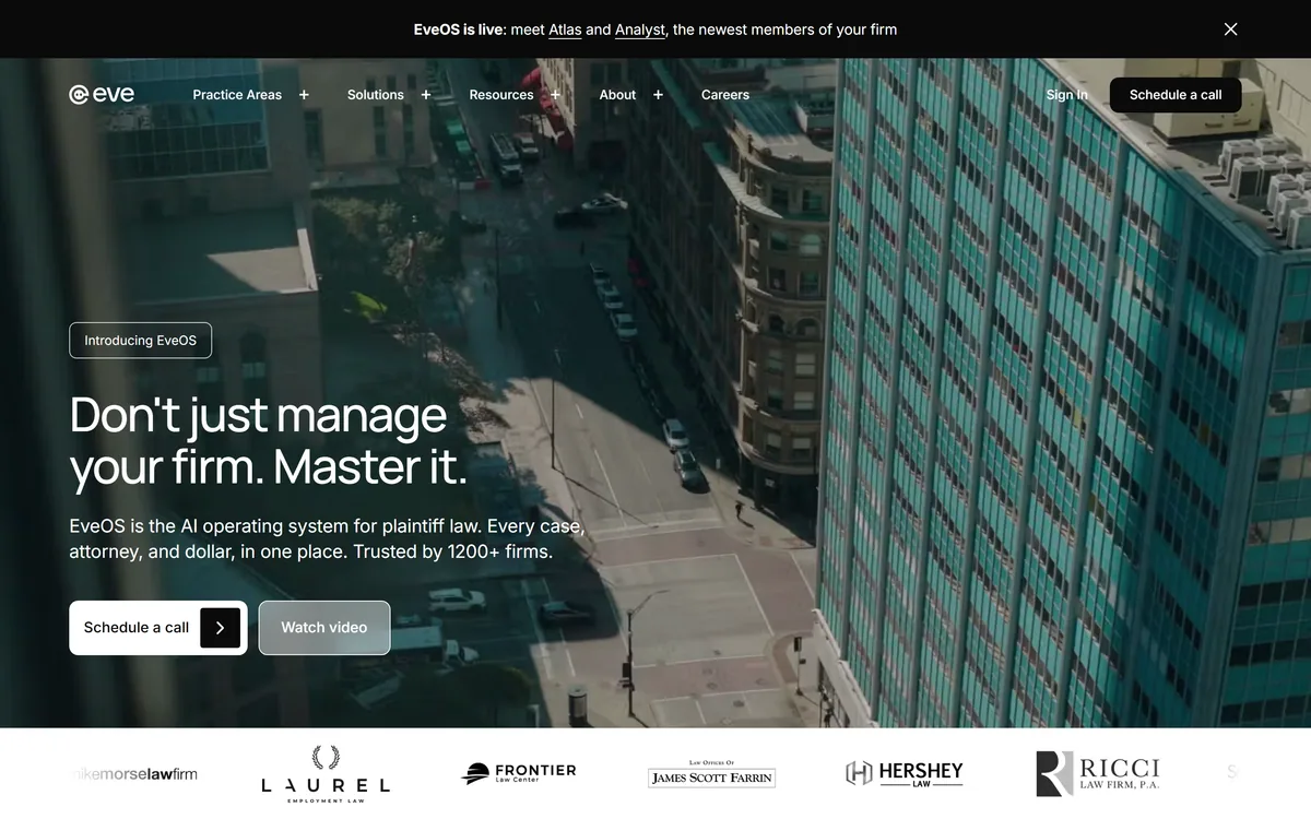 Eve Legal homepage presenting EveOS, an AI operating system for plaintiff law firms