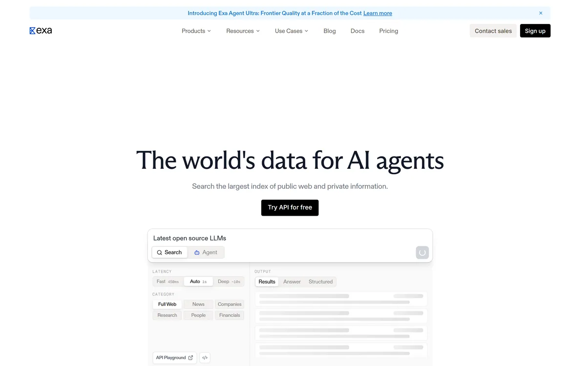 The Exa homepage describing a search API for AI agents with real-time web data