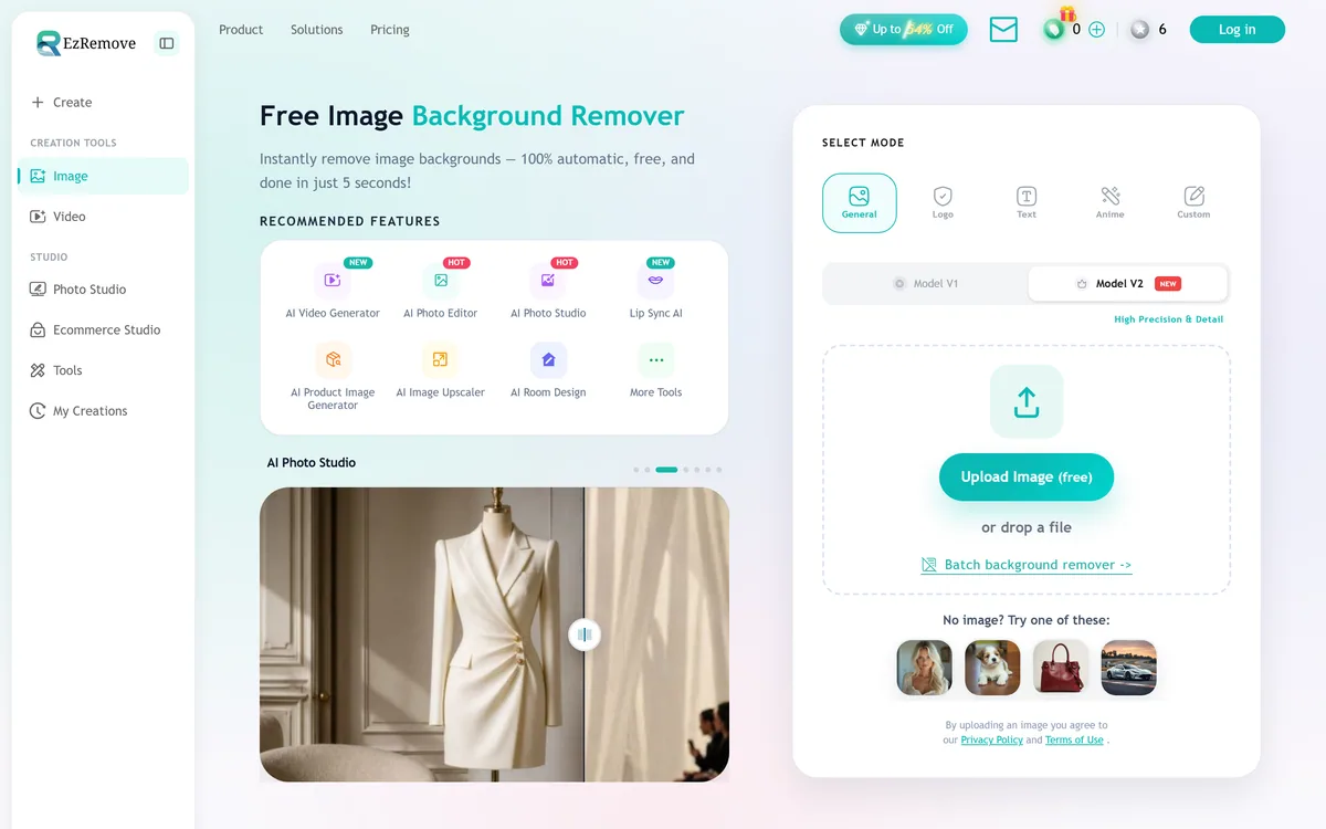 The EzRemove homepage offering a free automatic image background remover