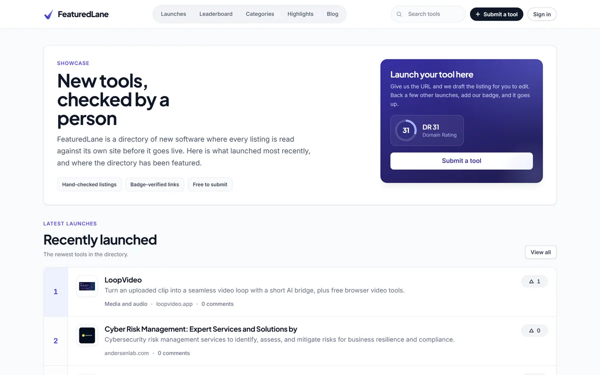 The FeaturedLane showcase page, a weekly launch directory for tools