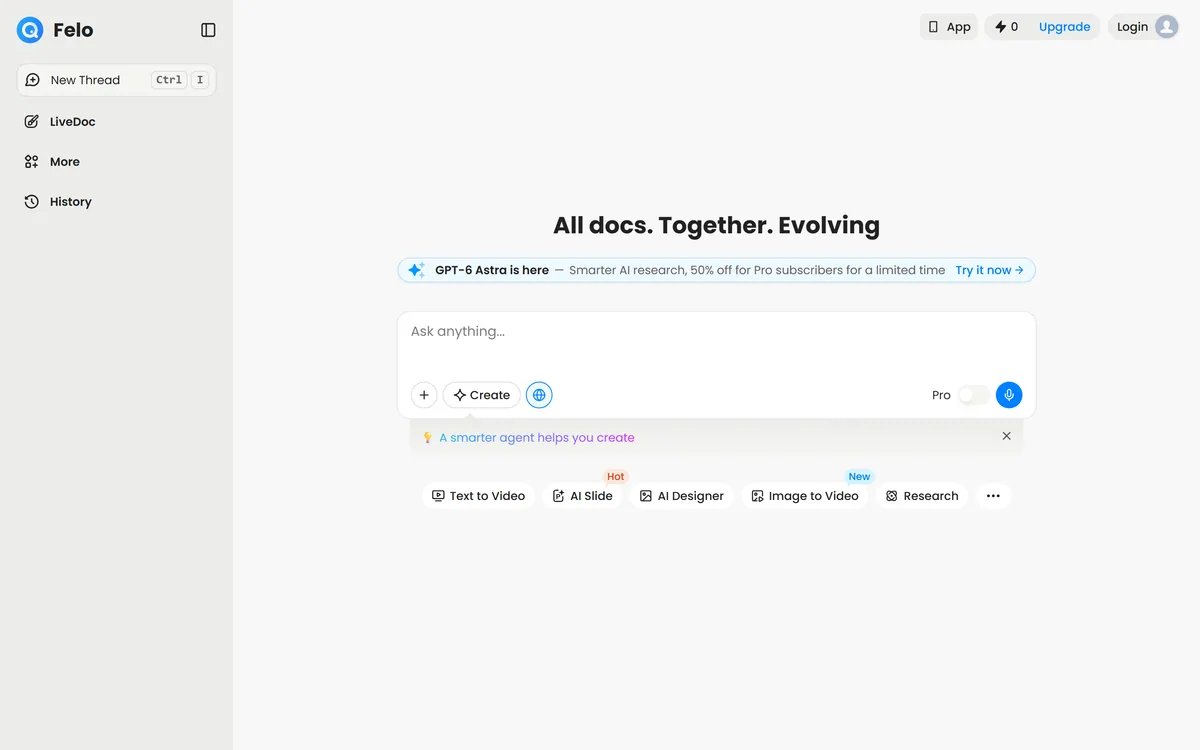 Felo homepage showing the multilingual AI search box and the platform's product lineup
