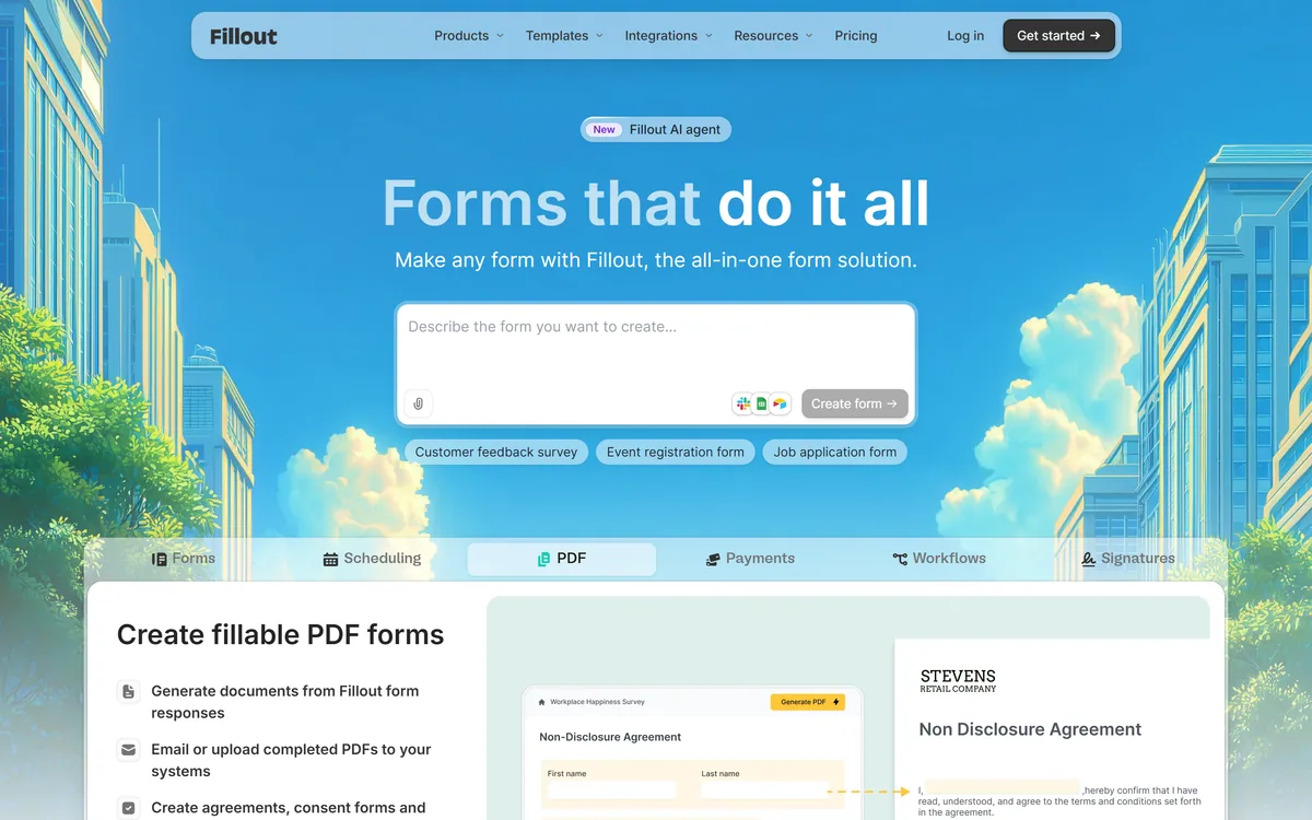 Fillout homepage showing the all-in-one form builder