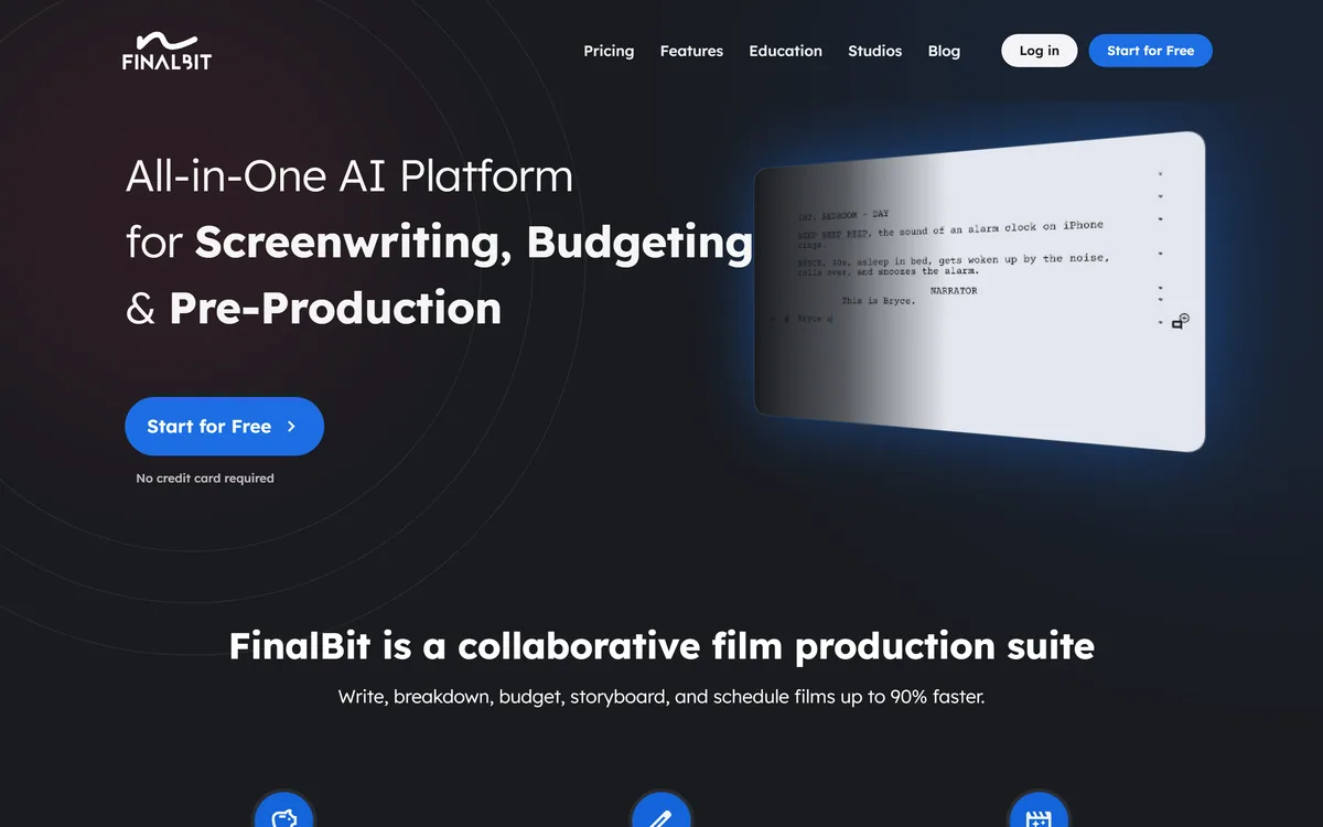 FinalBit homepage showing the AI film production platform and its agent lineup