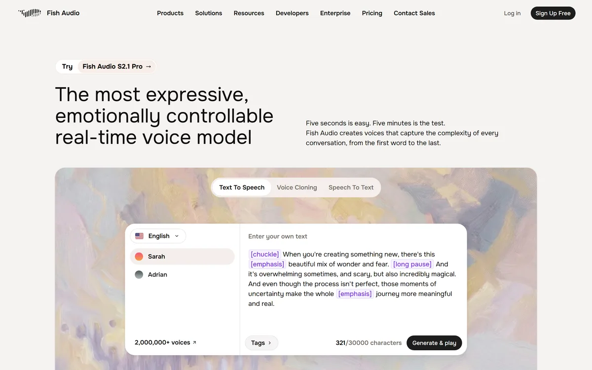 Fish Audio's homepage describing expressive real-time text to speech and voice cloning