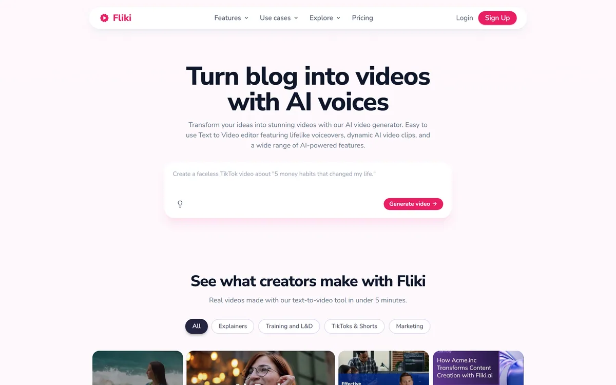 Fliki's homepage describing an AI video generator that turns text and blog posts into narrated video