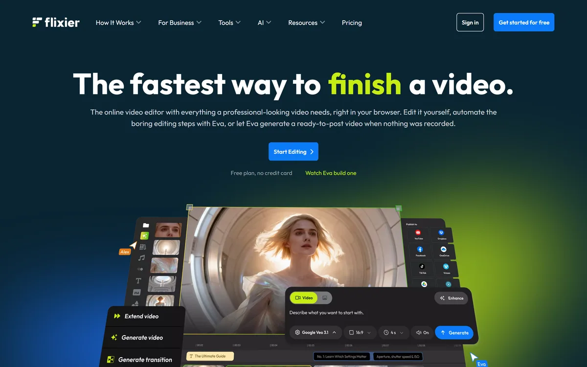 Flixier homepage showing a browser-based video editor with cloud rendering and AI tools