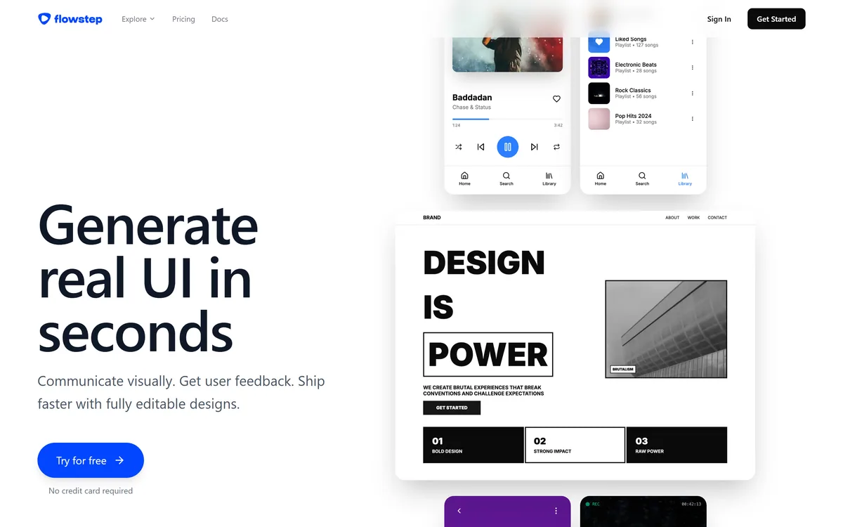 Flowstep's homepage showing AI-generated user interface designs on an infinite canvas