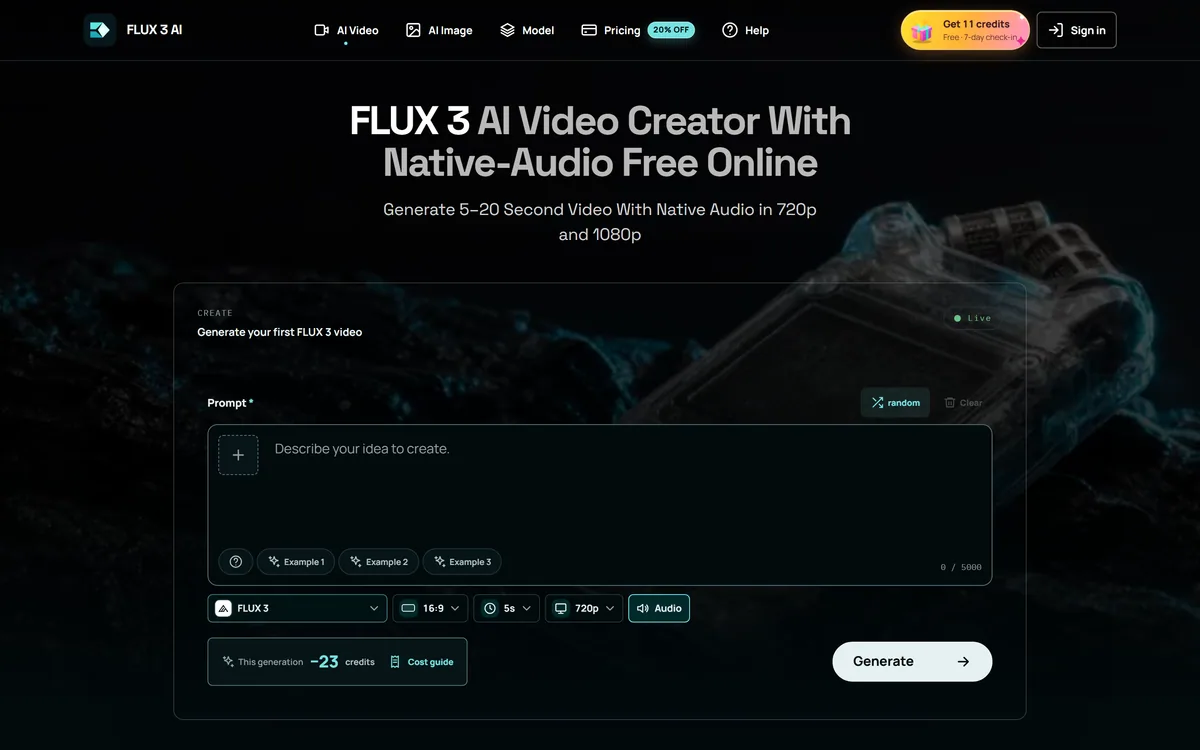 The www-flux3.com homepage describing AI video generation with multiple selectable models