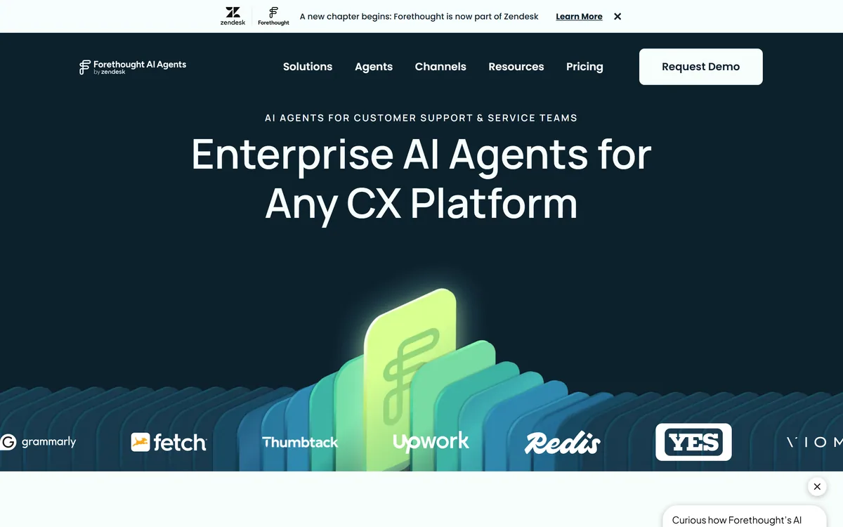 Forethought's homepage describing agentic AI agents for customer support automation