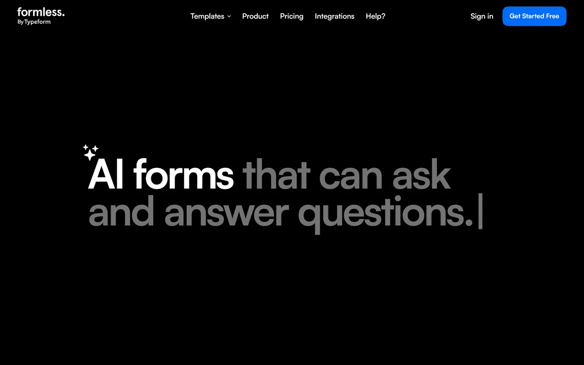 Formless by Typeform homepage showing the conversational AI form builder