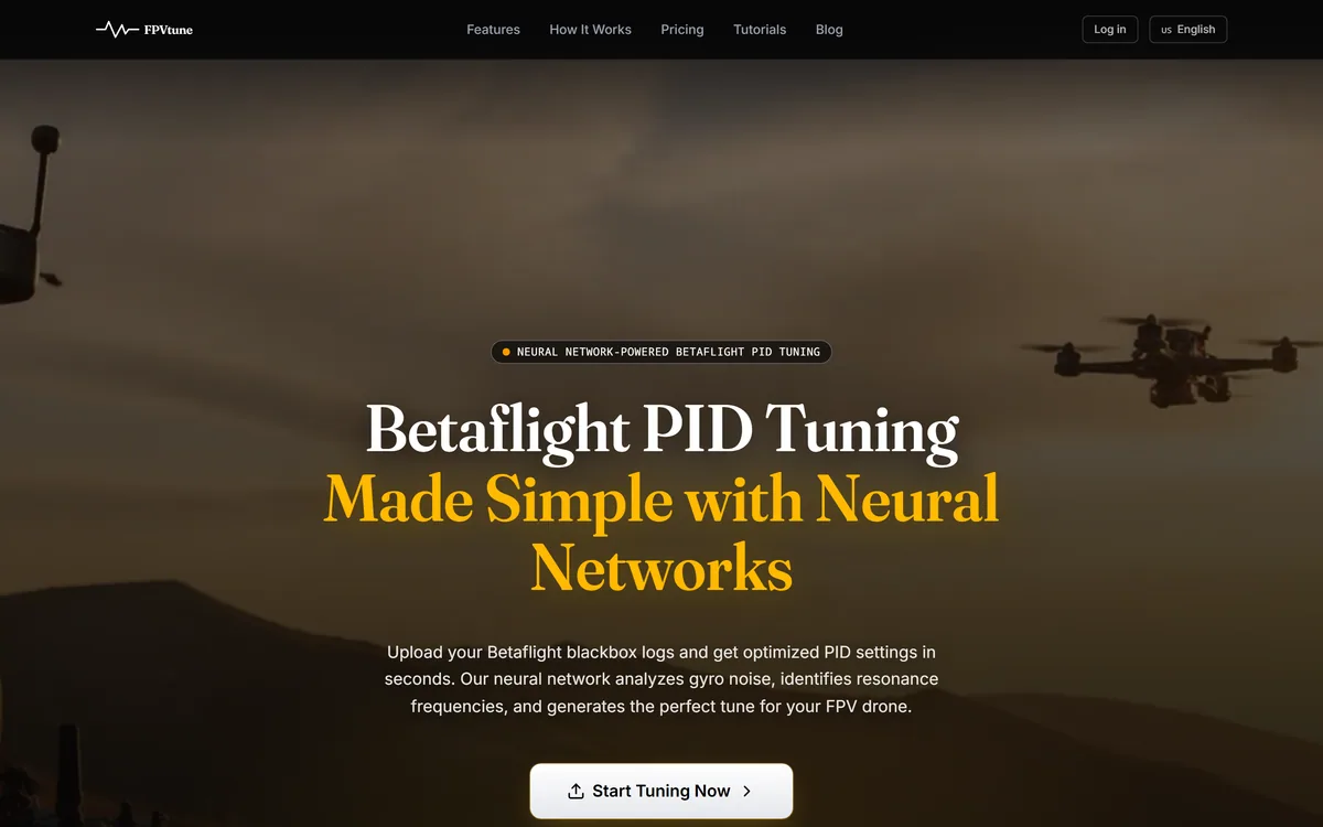 FPVTune homepage showing AI blackbox log analysis for Betaflight PID tuning