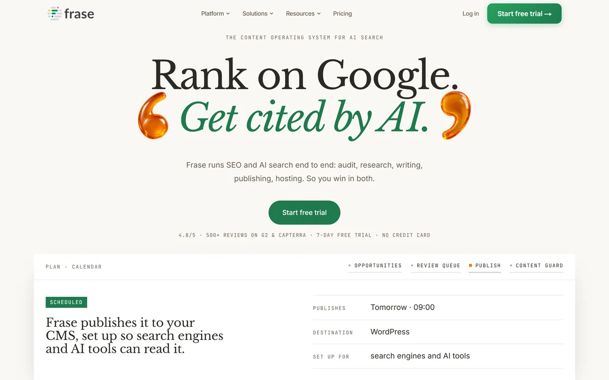 Frase homepage showing the SEO and GEO content platform