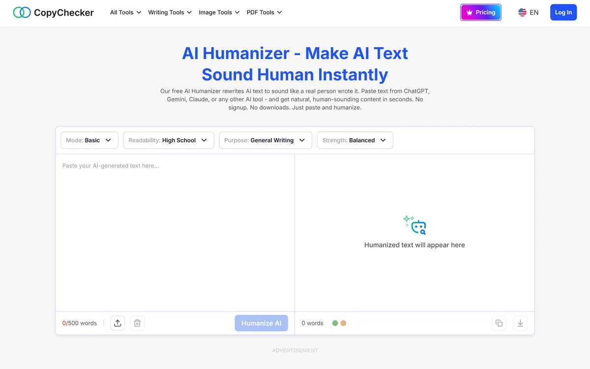 CopyChecker's AI Humanizer page with mode, readability, purpose and strength controls above a paste box capped at 500 words