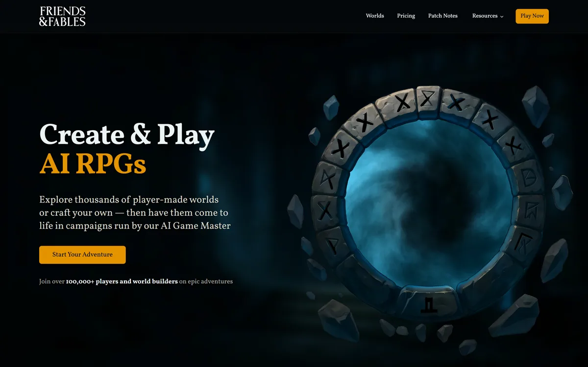 Friends and Fables homepage showing the AI roleplaying platform