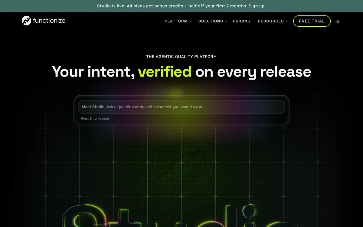 Functionize's homepage describing Studio, an autonomous testing agent positioned as a quality layer for AI-written code