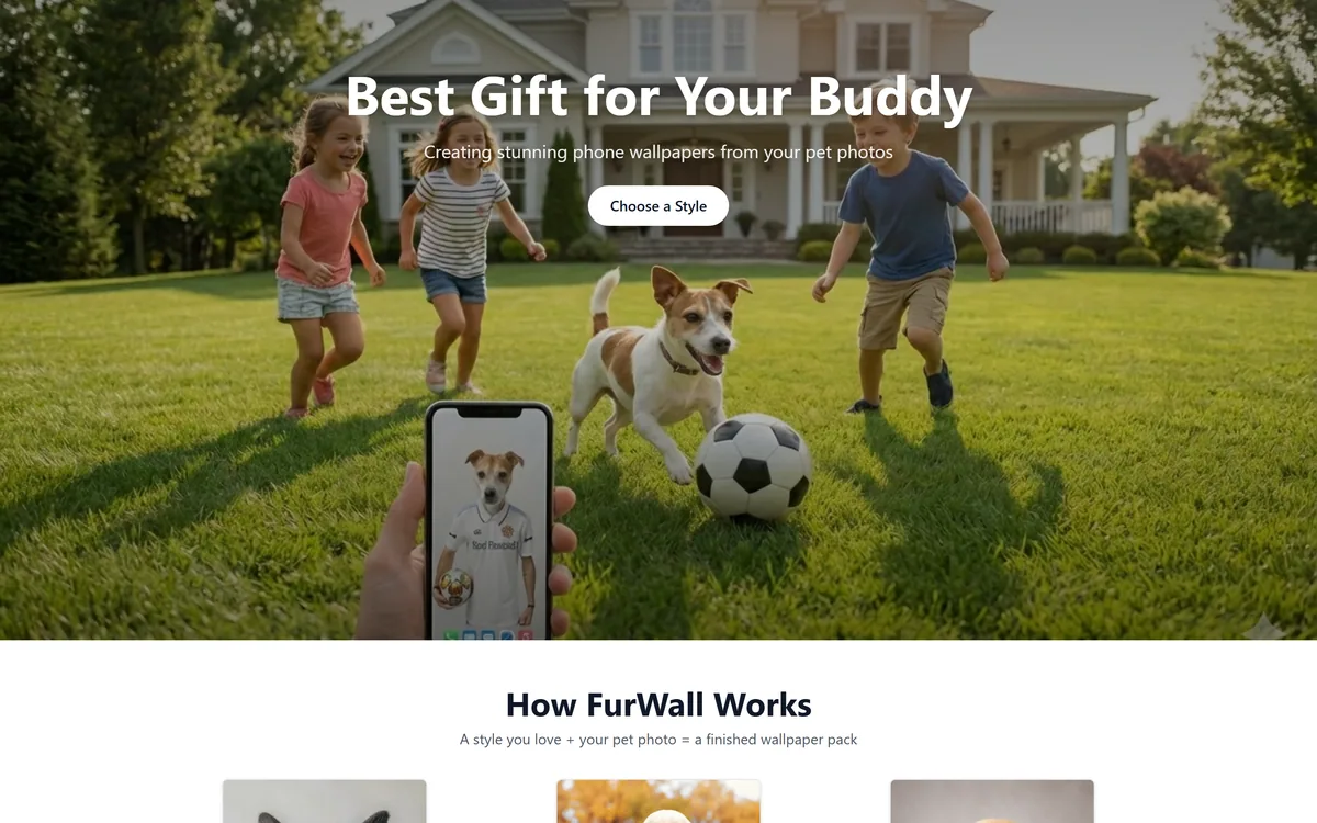 FurWall's homepage showing pet photos converted into styled phone wallpapers