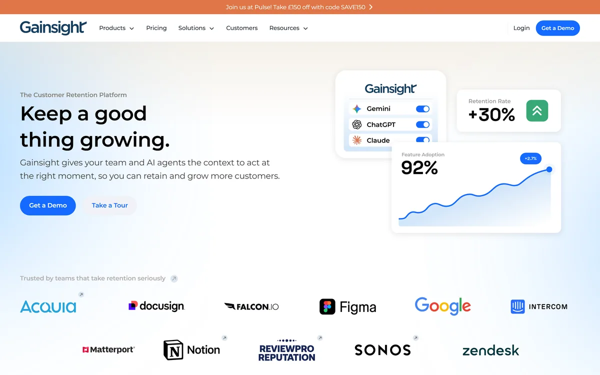 The Gainsight homepage describing a customer retention platform with AI agents