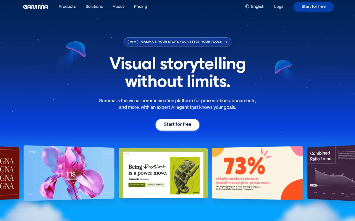 The Gamma homepage describing a visual communication platform with an AI agent