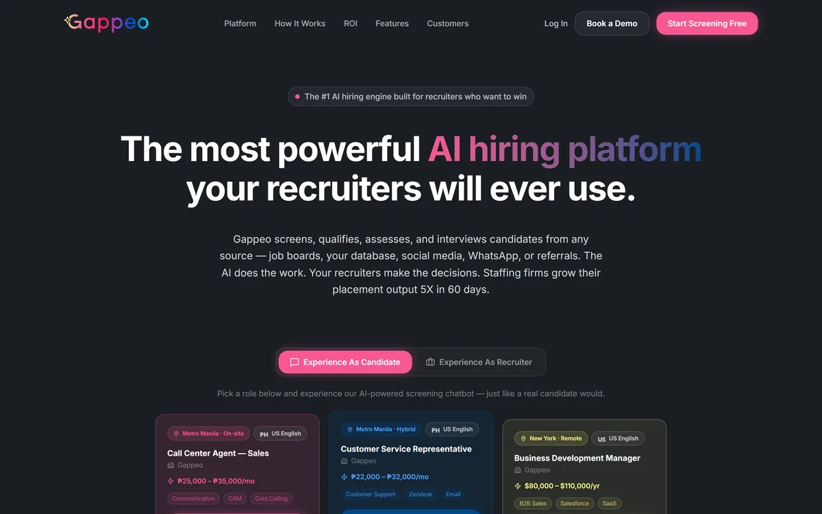 Gappeo's homepage describing an AI hiring platform for screening, assessment and interviewing