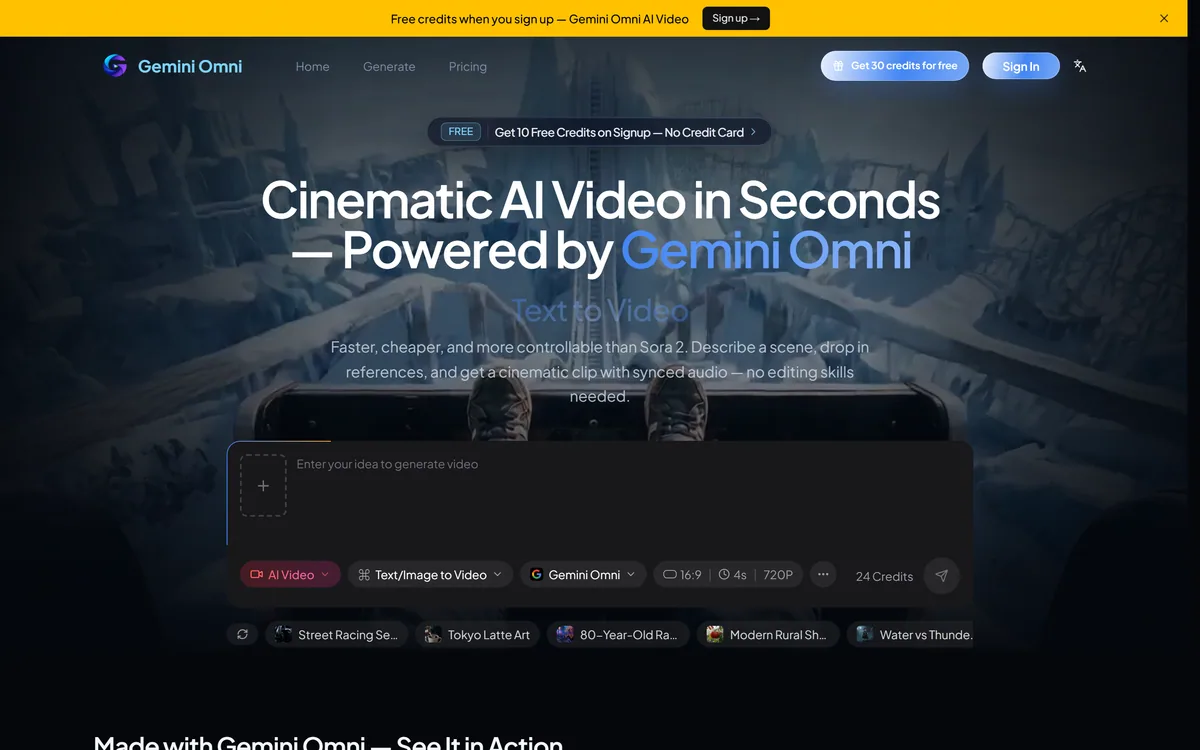 Gemini Omni homepage offering AI video generation built on Google's multimodal models