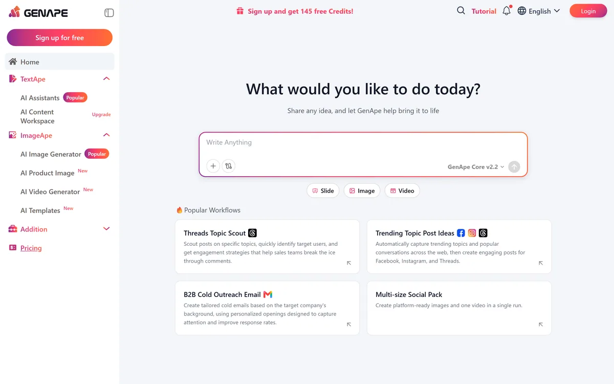 GenApe's homepage presenting its all-in-one AI productivity platform