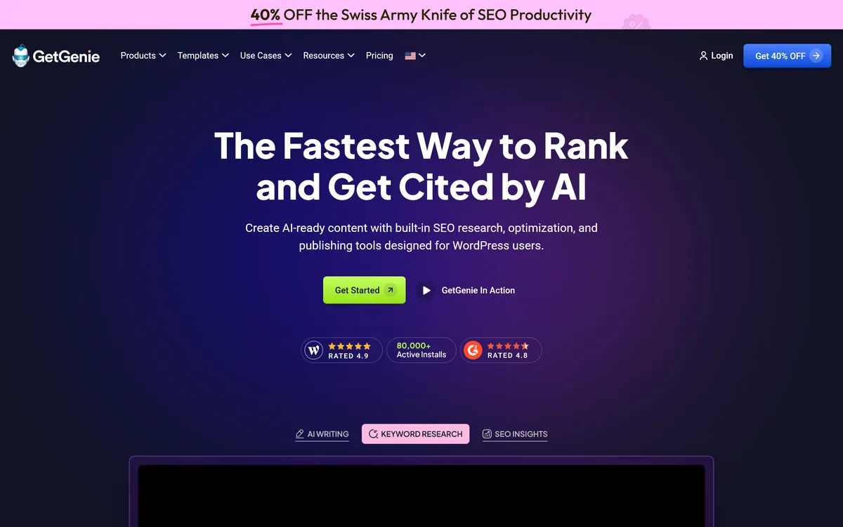 GetGenie homepage showing the WordPress AI writing and SEO assistant