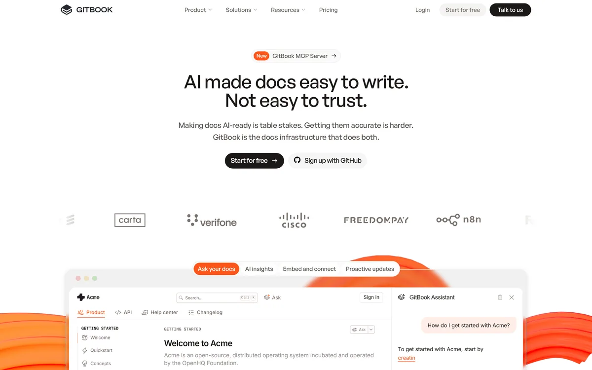 GitBook homepage showing a documentation platform with Git sync and AI assistant features