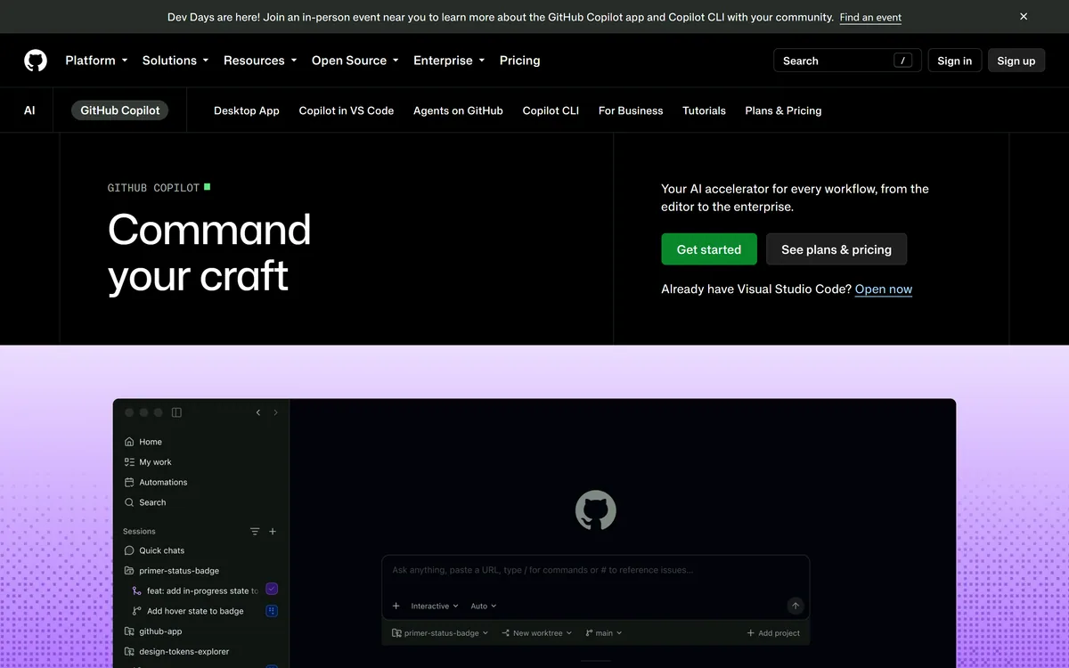 GitHub Copilot product page describing it as an AI accelerator for every workflow from the editor to the enterprise