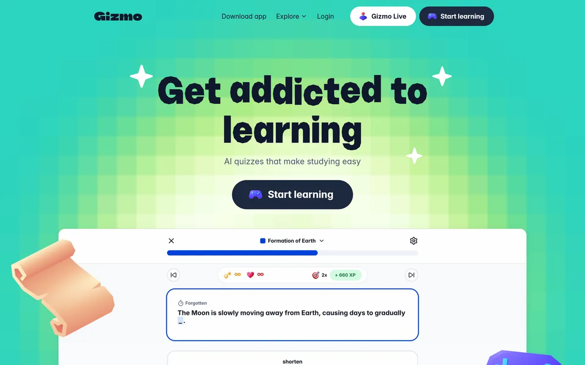 The Gizmo homepage inviting students to get addicted to learning with AI quizzes
