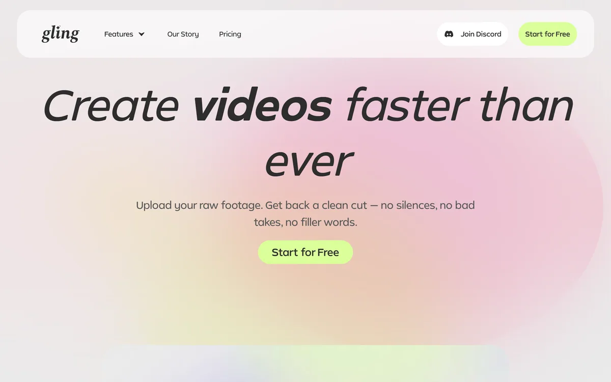 The Gling homepage describing AI video editing software for YouTube
