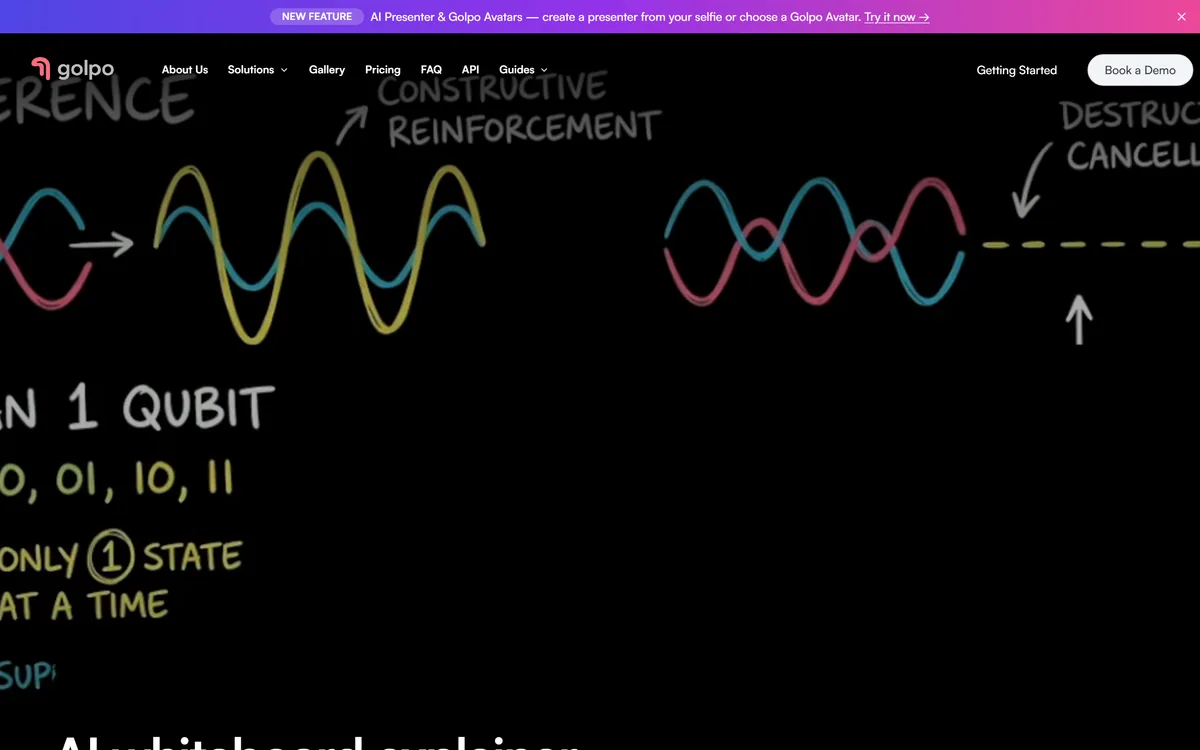 The Golpo AI homepage describing an AI whiteboard and explainer video maker