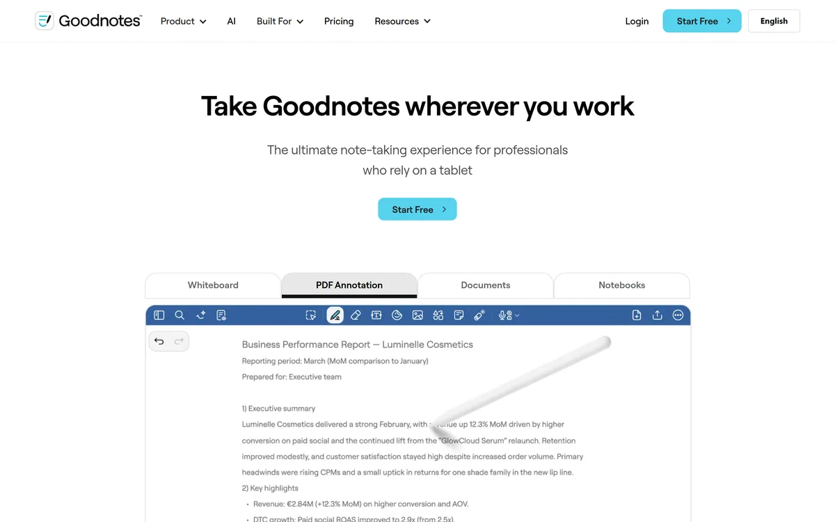Goodnotes homepage showing handwritten note-taking, PDF annotation and AI features