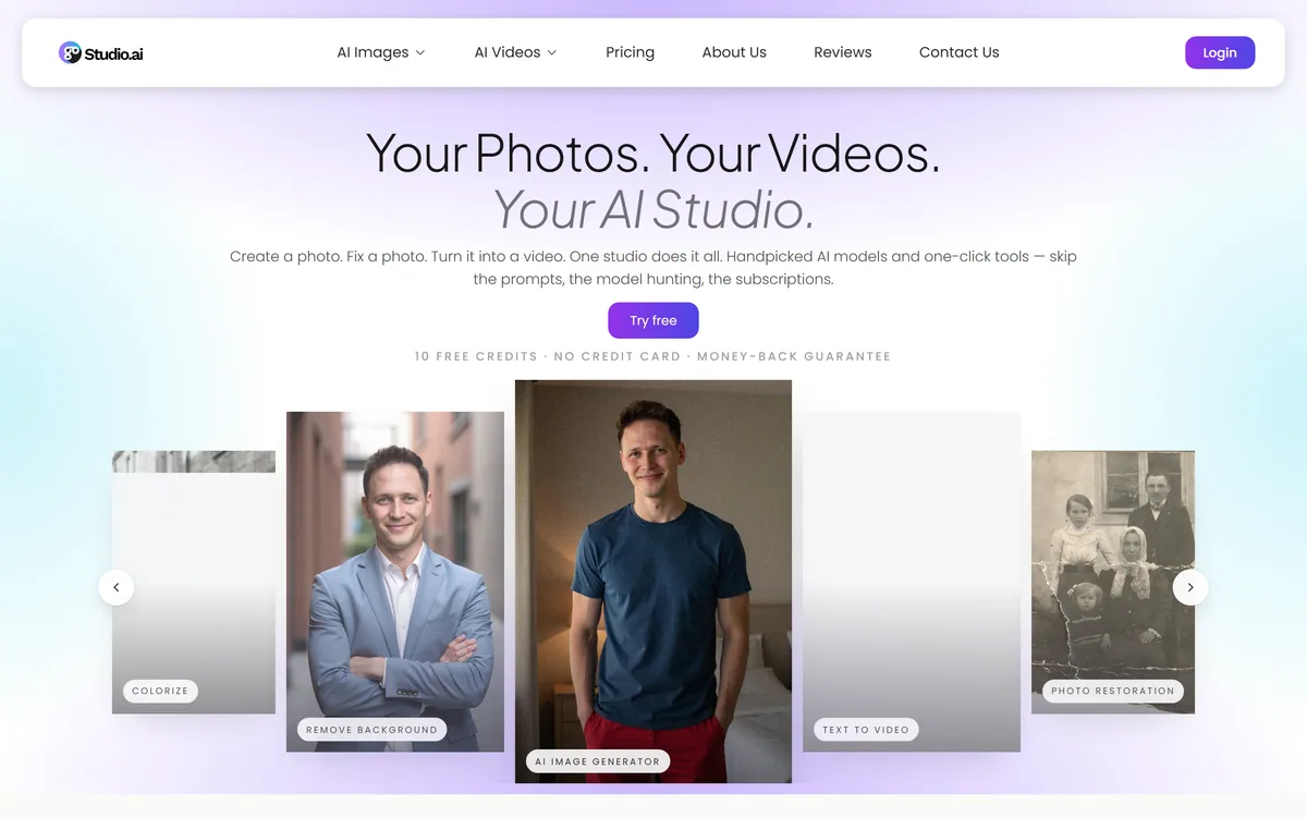 GoStudio's homepage showing an AI photo and video studio with headshot and branding packs
