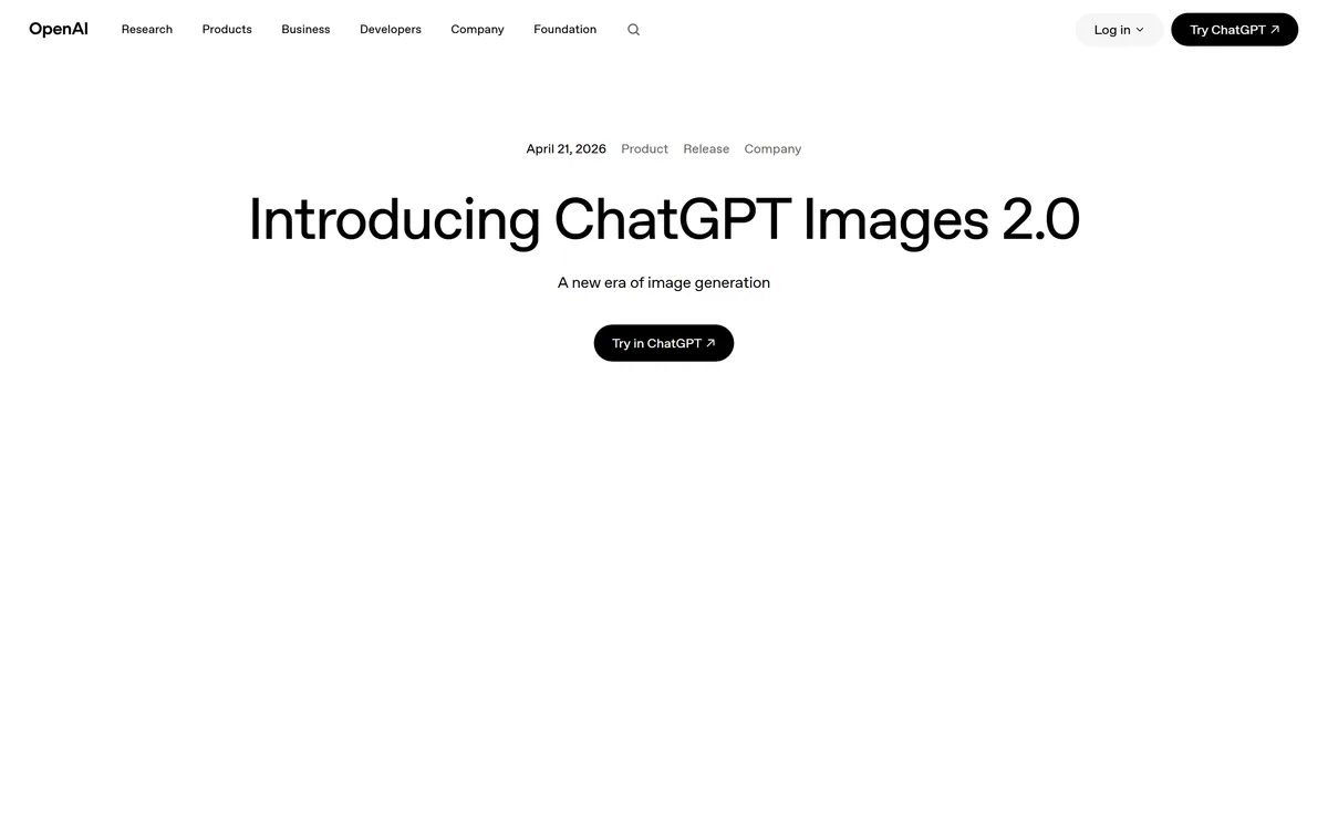 OpenAI announcement page for ChatGPT Images 2.0, the release that introduced the GPT Image 2 model