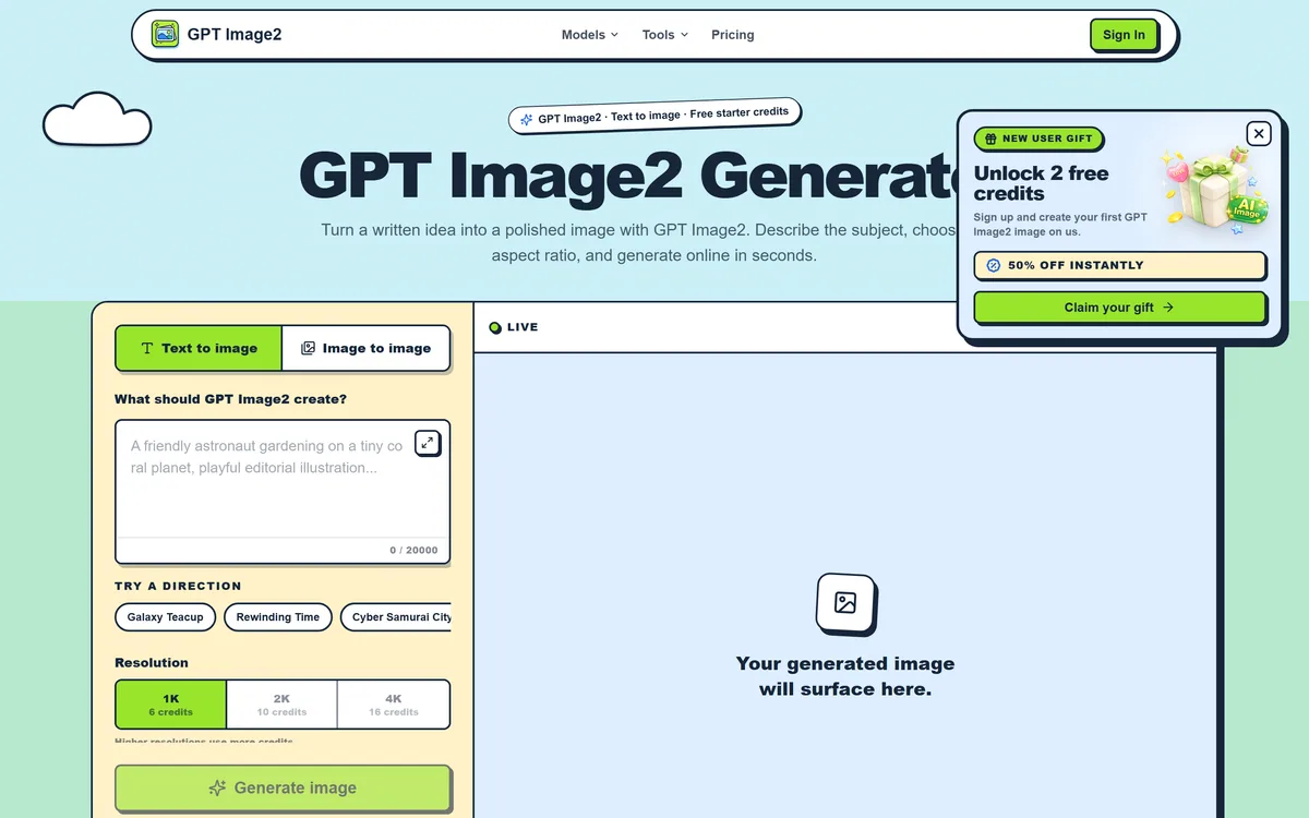 The GPT Image2 homepage offering an online text-to-image generator with free credits