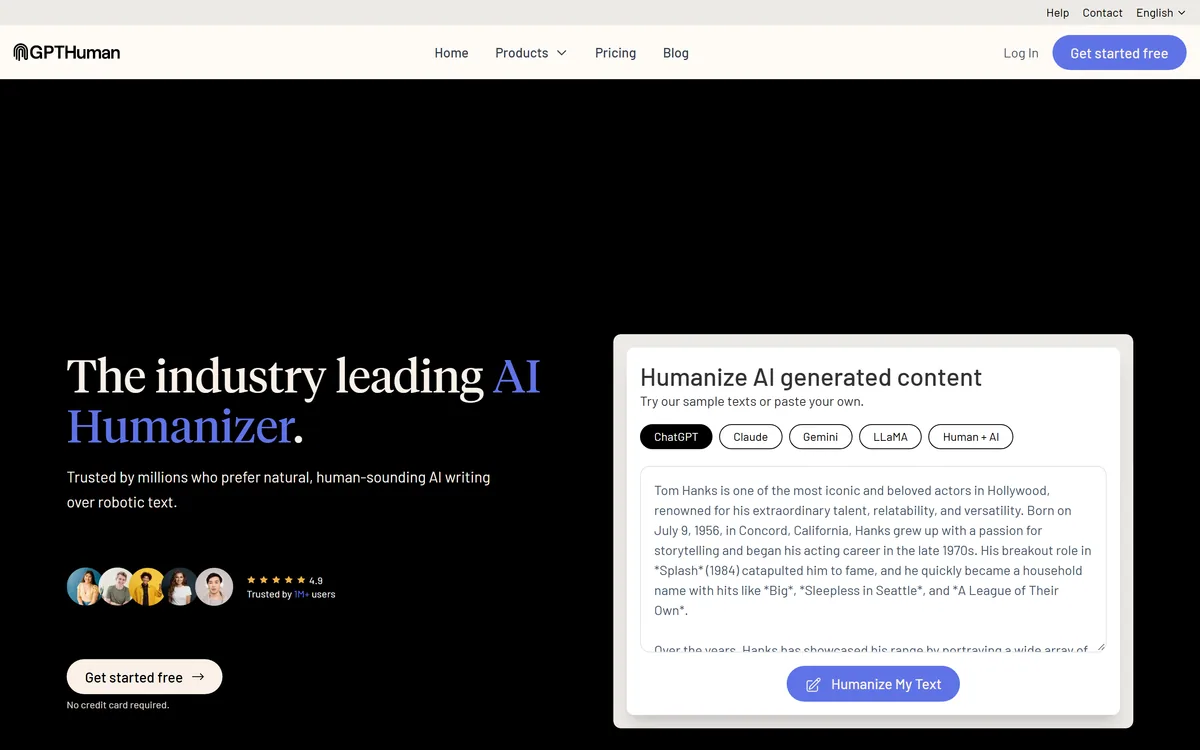 The GPTHuman homepage describing an AI humanizer that rewrites AI-generated content