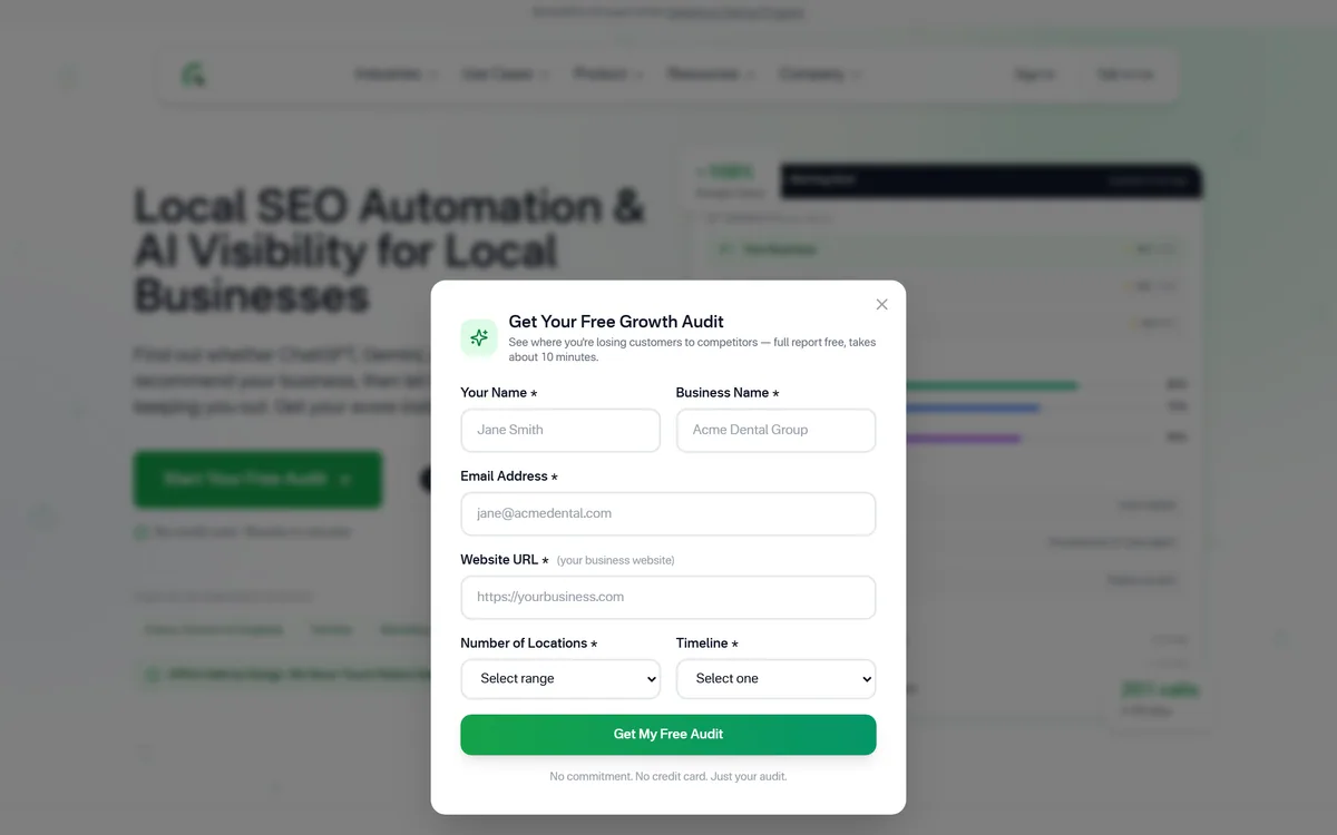 The GrowthPro AI homepage describing local SEO automation and AI visibility