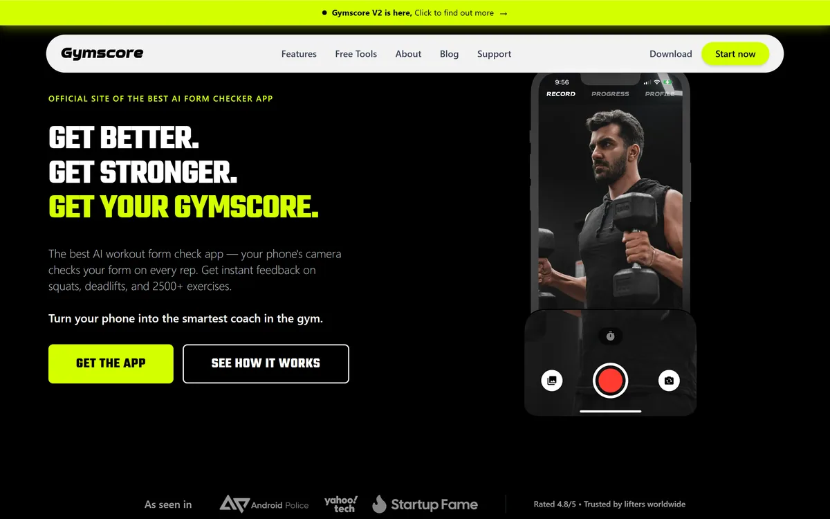 Gymscore homepage showing AI workout form analysis