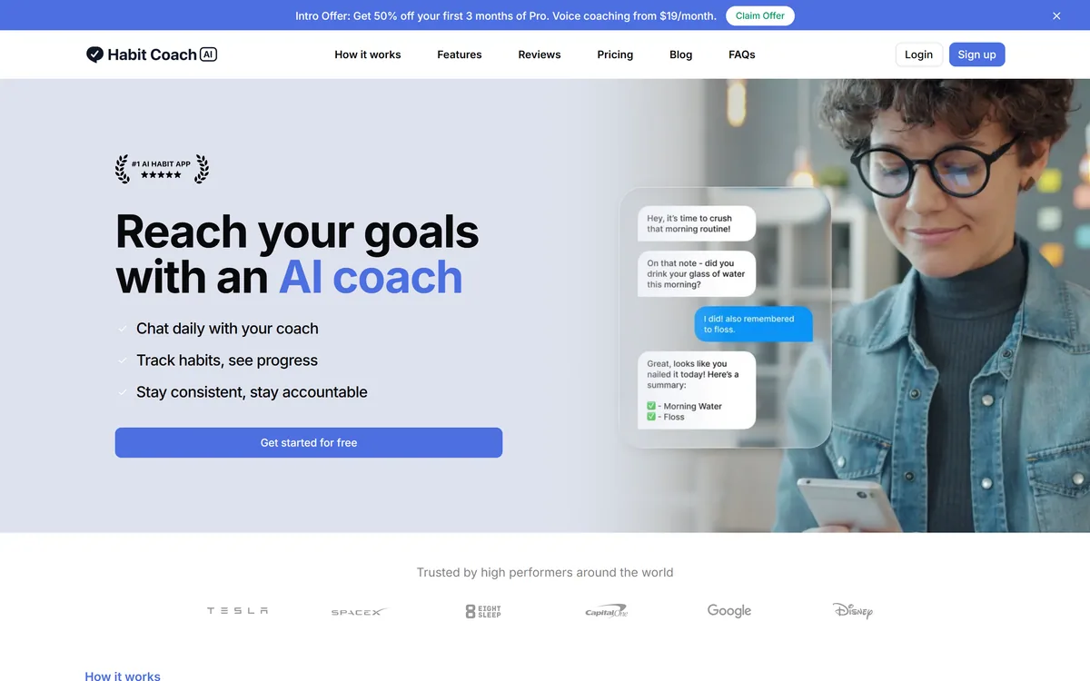 Habit Coach AI homepage showing AI coach personalities and daily check-ins by text and phone