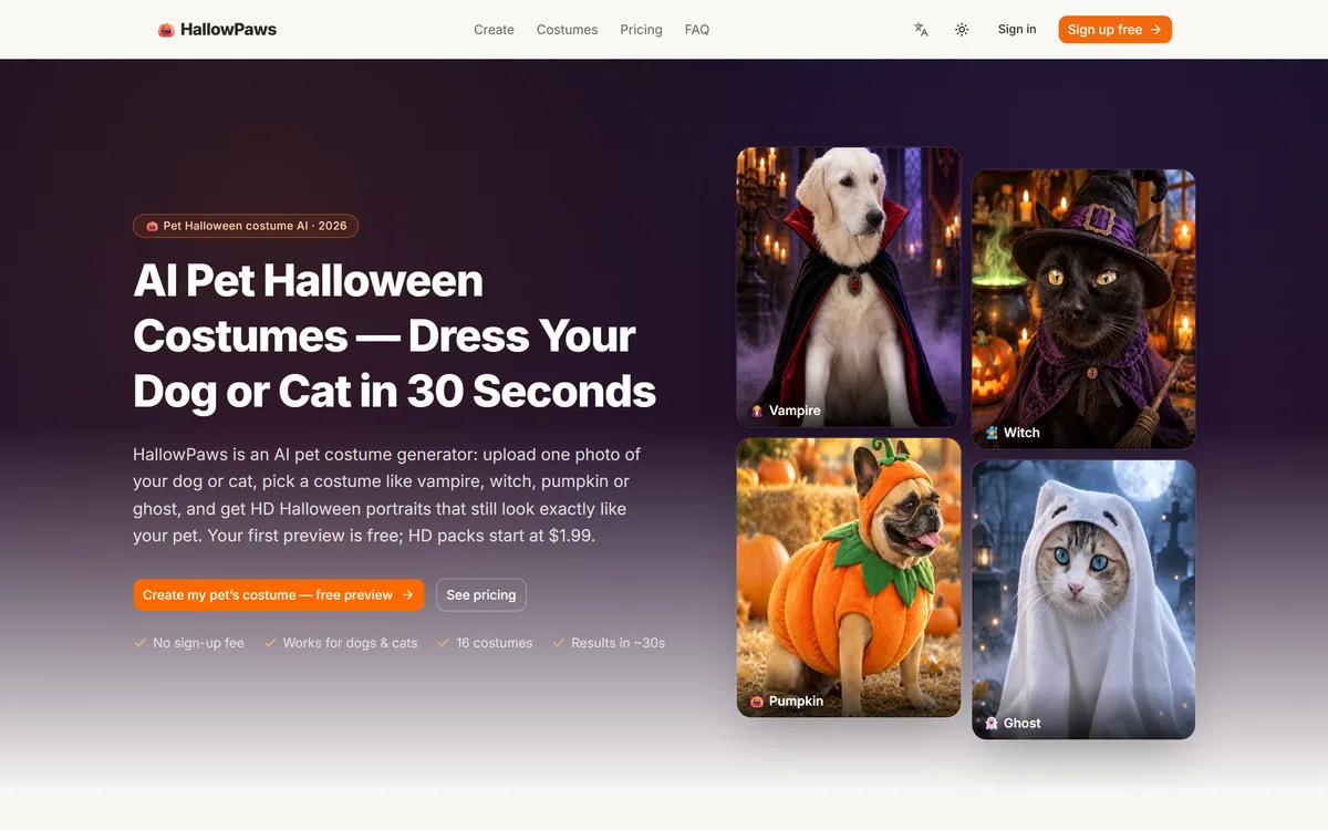The HallowPaws homepage showing AI-generated Halloween costumes for dogs and cats