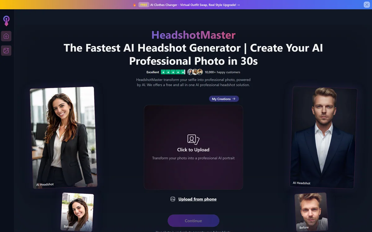 HeadshotMaster homepage showing AI-generated professional headshot styles and example portraits