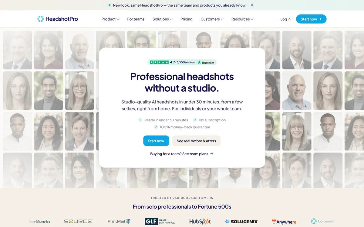 HeadshotPro homepage showing AI generated professional headshots