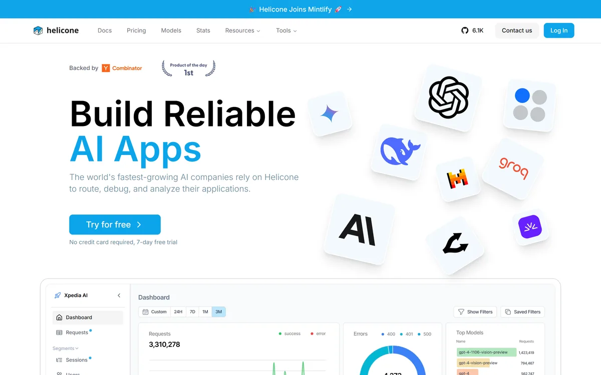 Helicone homepage showing LLM observability dashboards for requests, sessions and users