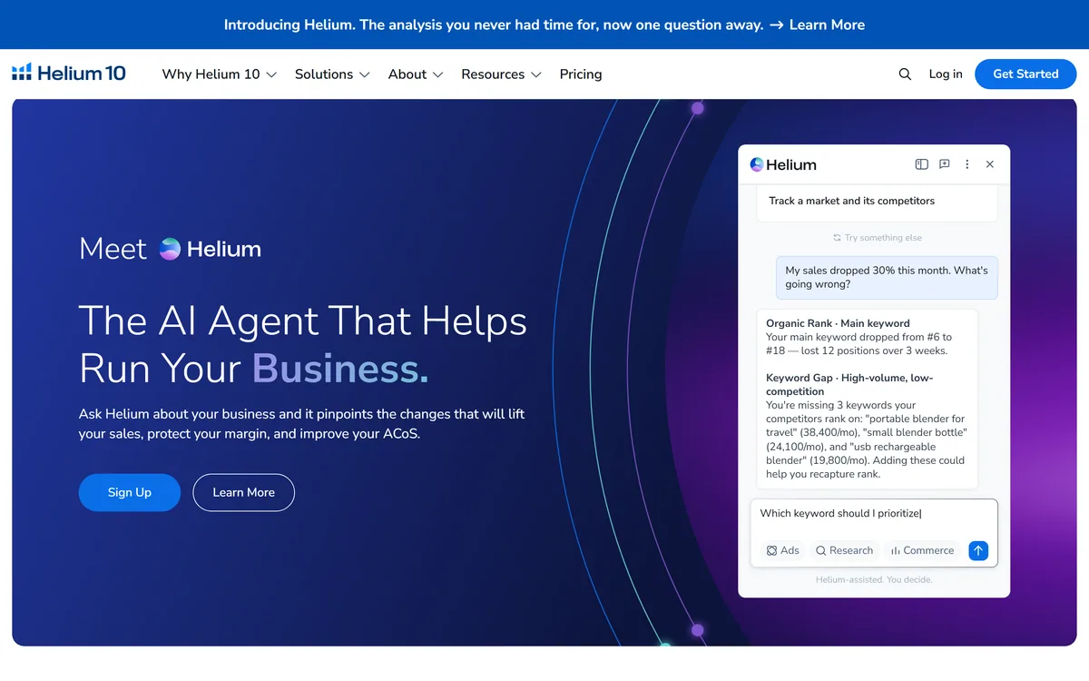 The Helium 10 homepage showing its AI agent answering a question about a drop in sales