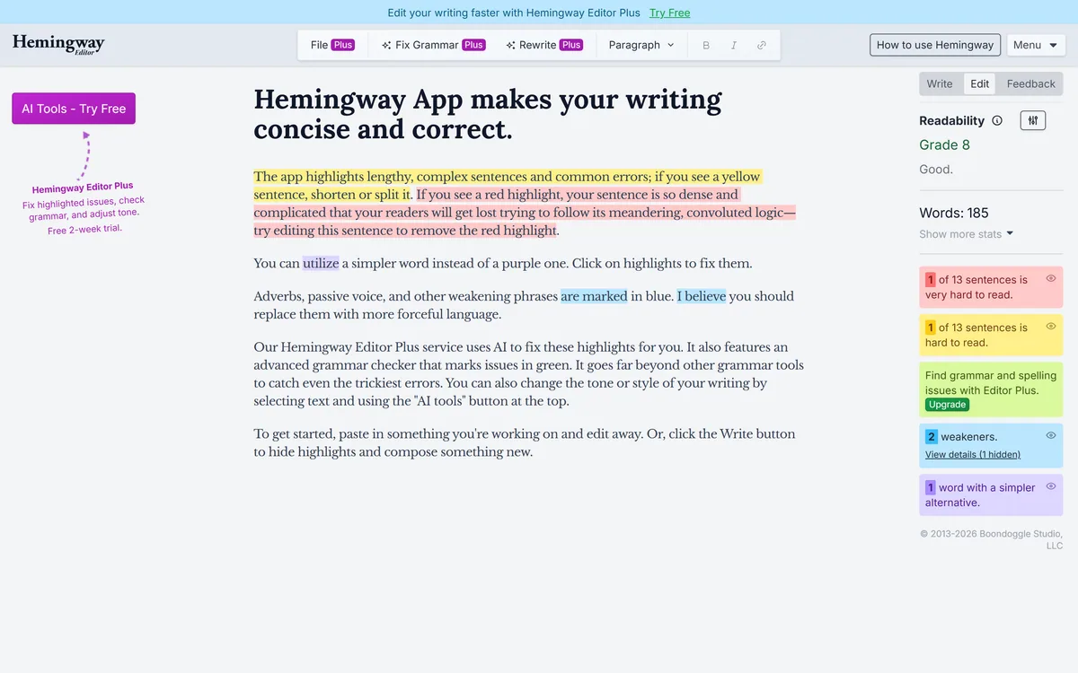 Hemingway Editor showing highlighted sentences and a readability grade