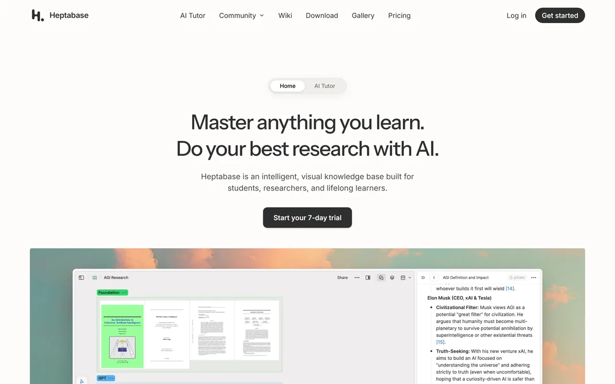 The Heptabase homepage describing a visual knowledge base with an AI Tutor