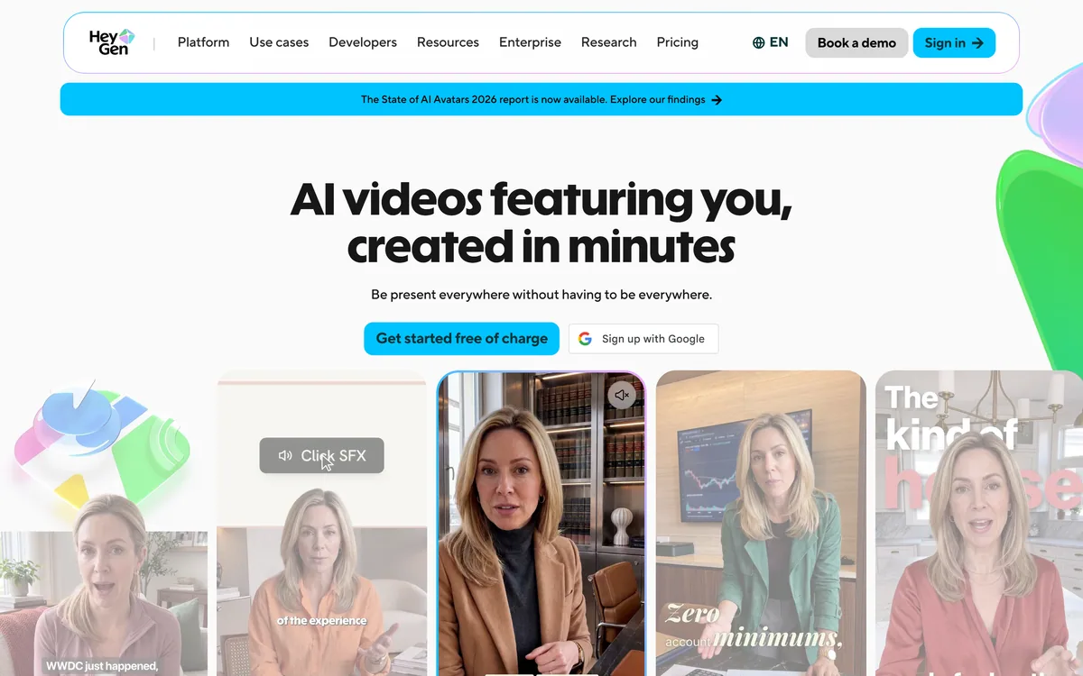 The HeyGen homepage showing realistic AI avatar video creation