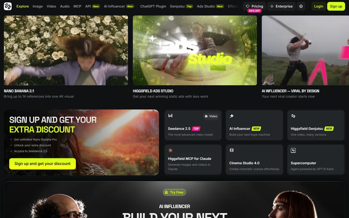 The Higgsfield AI homepage showing an AI-native creative suite of video and image tools