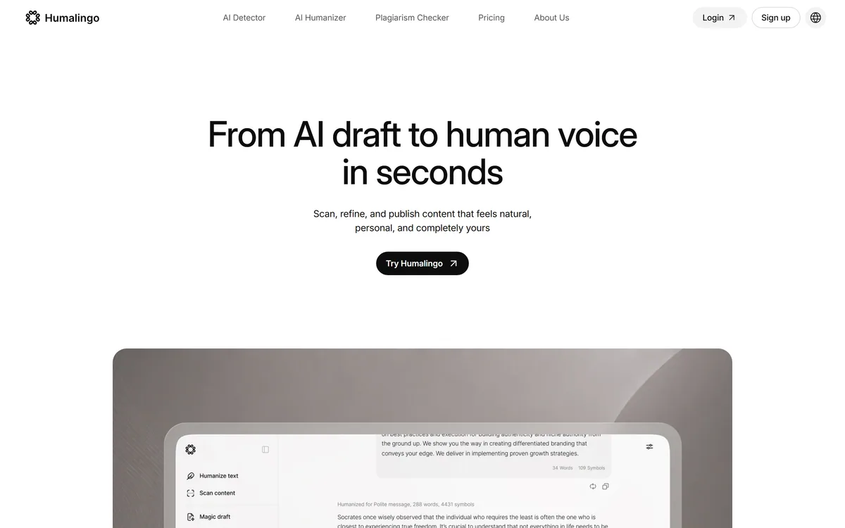 Humalingo homepage showing the AI detector and humanizer