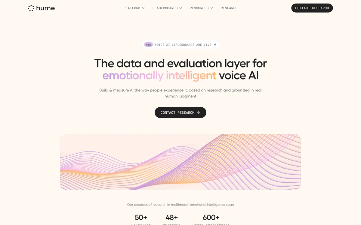 Hume AI homepage showing the evaluation layer for voice AI